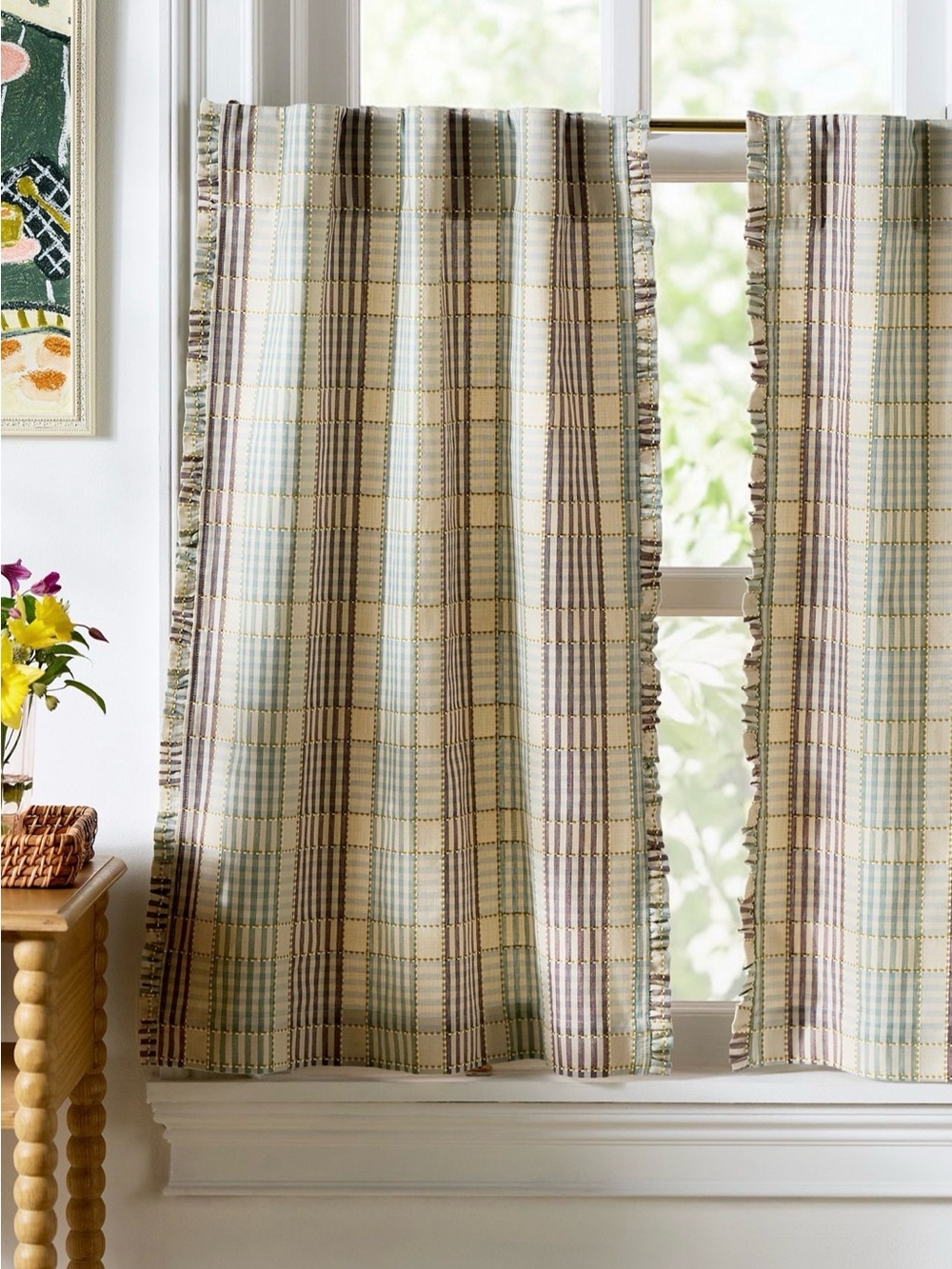 Anthropologie Tucker Plaid Ruffle Edge Cotton Cafe Curtains NWOT Set of 2